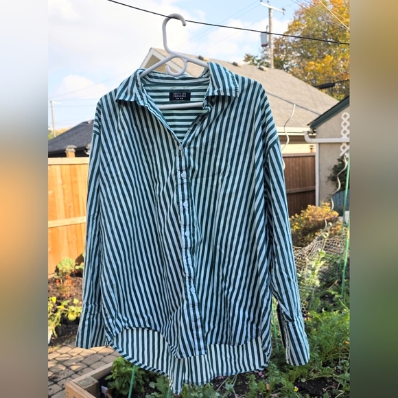 Brunette The Label Oversized Green Striped Button Down Cotton Shirt S/M P Great - Picture 4 of 11